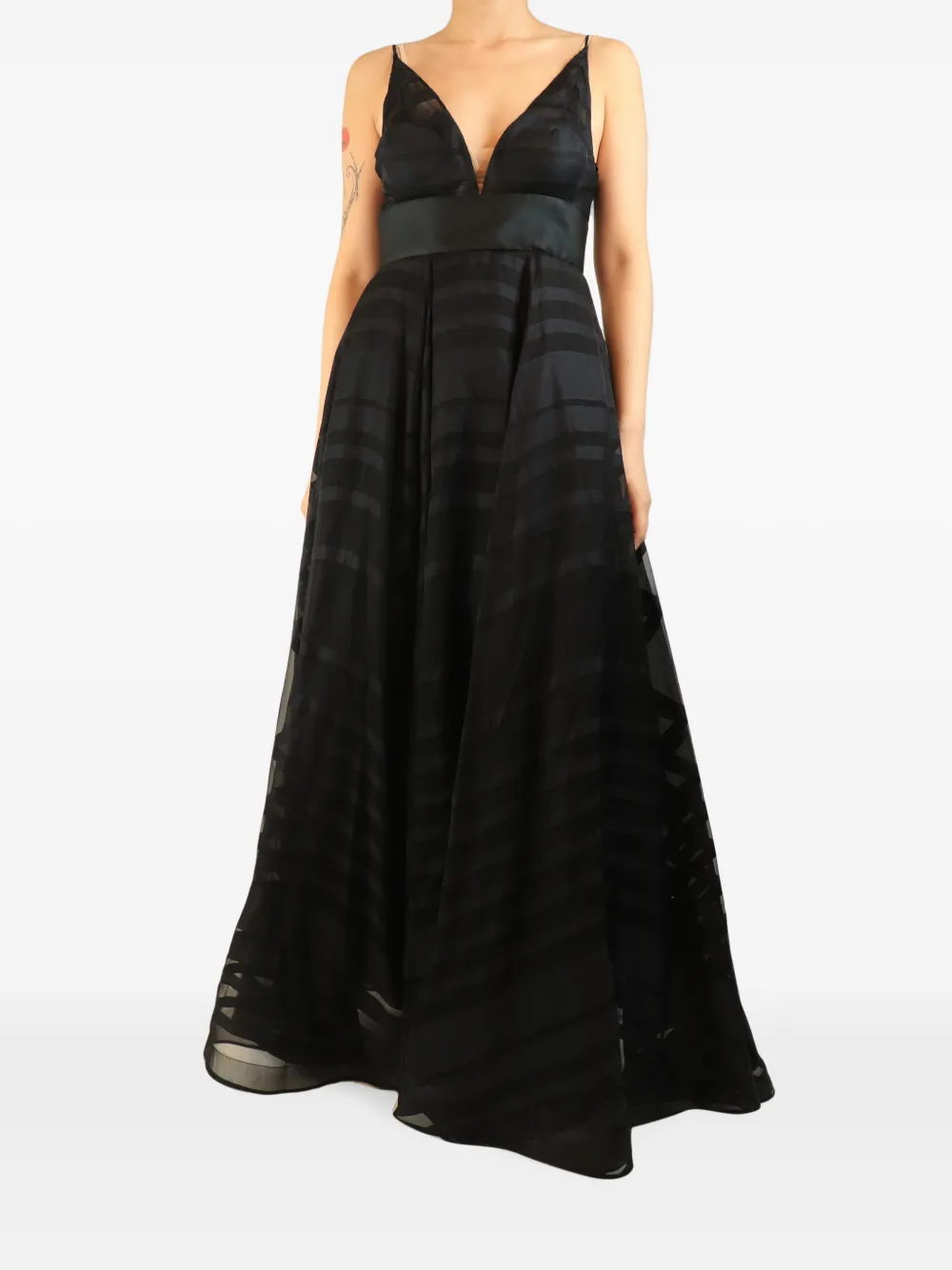 La Mania robe longue rayée à col v - Noir