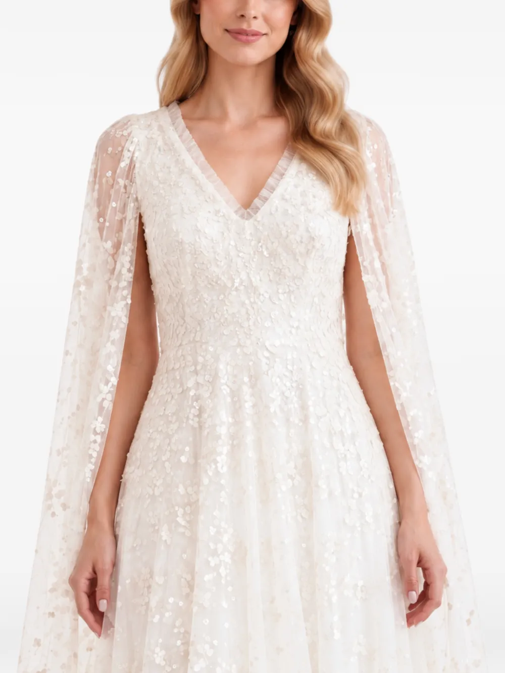 Needle & Thread Versailles Ditsy cape-sleeve dress - White