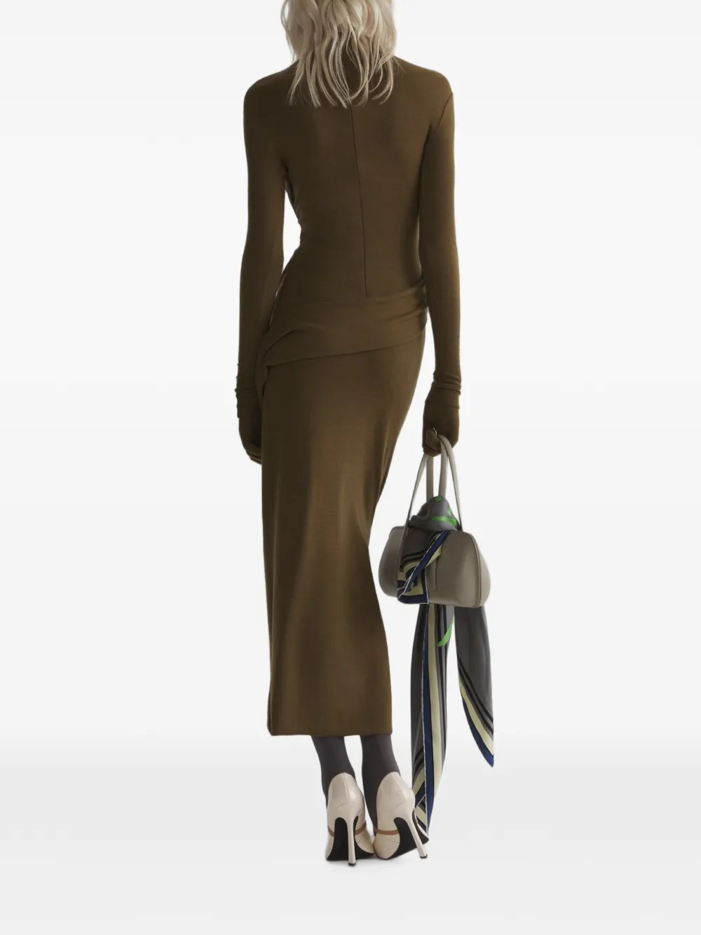 Mugler Gedrapeerde midi-jurk met col Bruin