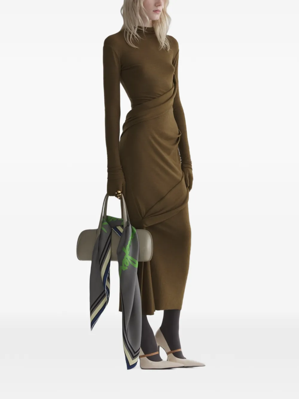 Mugler Gedrapeerde midi-jurk met col Bruin