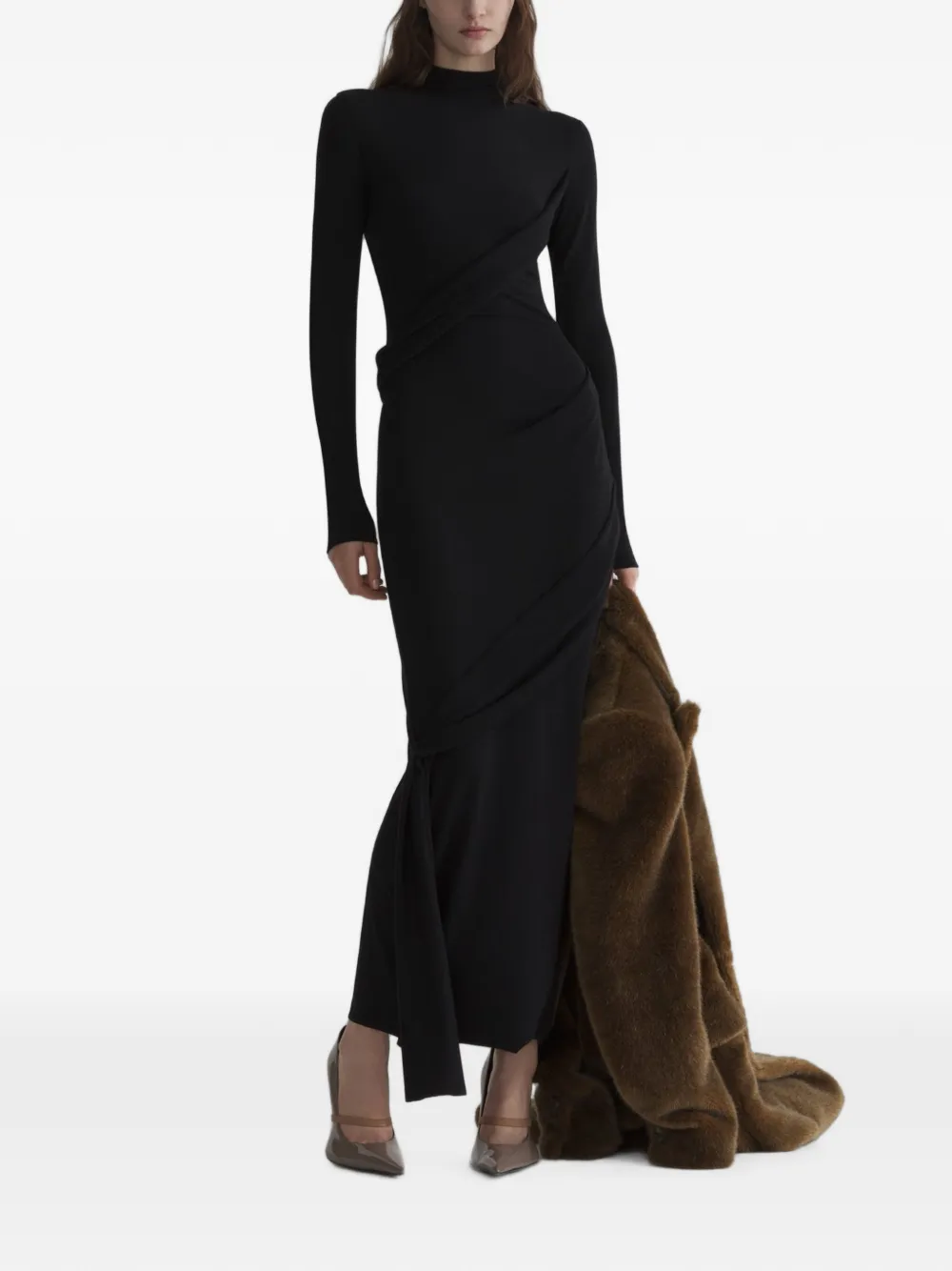 Mugler Gedrapeerde midi-jurk met col Zwart