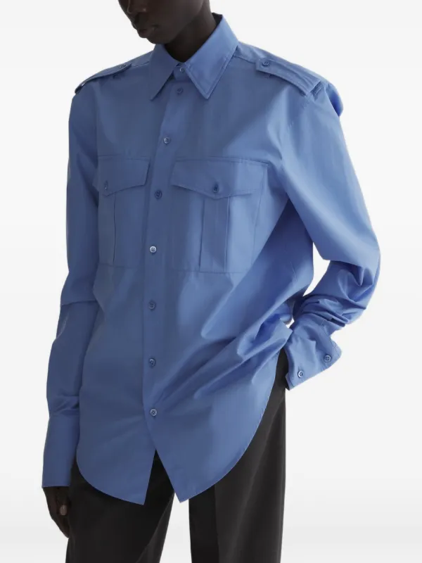 Mugler Smocked Military Shirt in Blue
