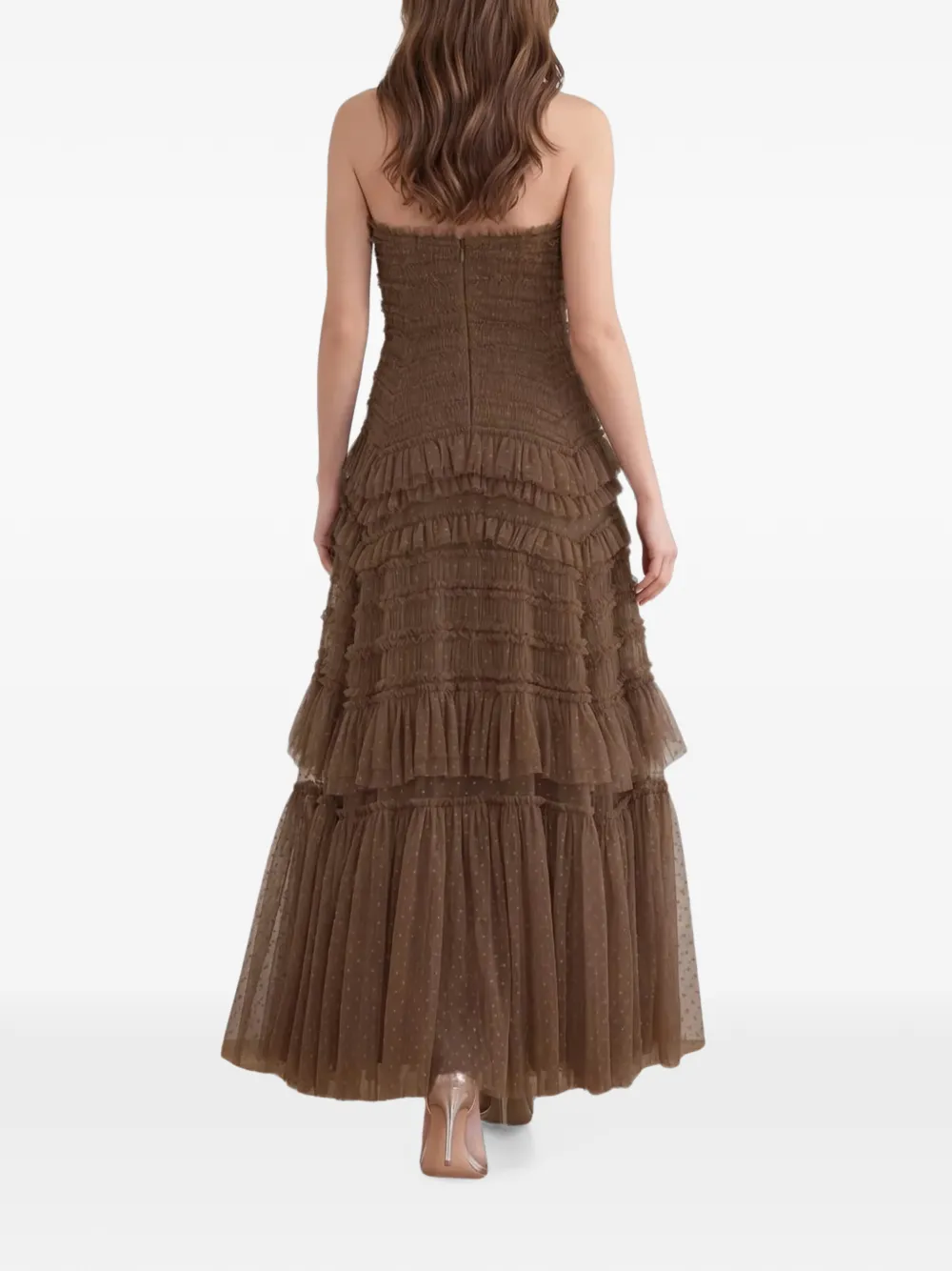 Needle & Thread Valentine strapless maxi-jurk met ruches Bruin