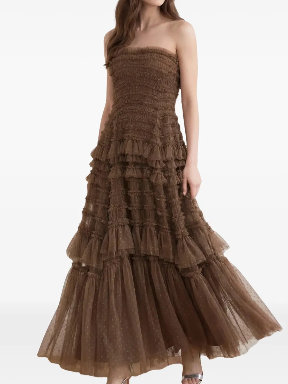 Needle & Thread Valentine strapless maxi-jurk met ruches Bruin
