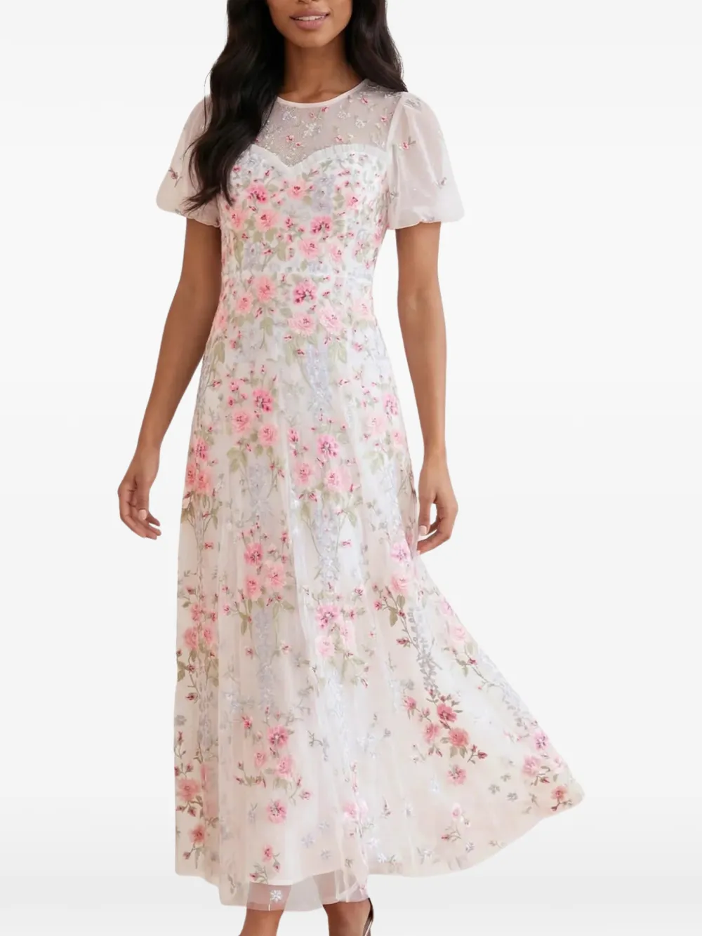Needle & Thread Garden Rose embroidered tulle gown Wit