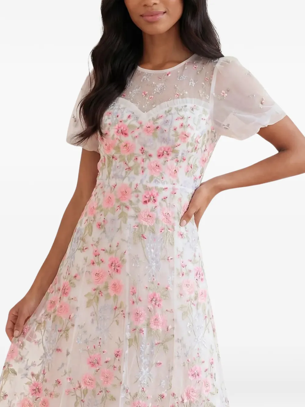 Needle & Thread Garden Rose embroidered tulle gown Wit