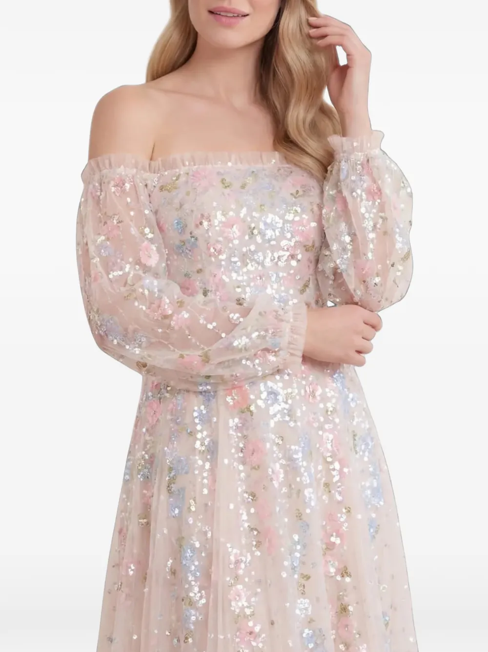 Needle & Thread Confetti off-shoulder jurk Beige