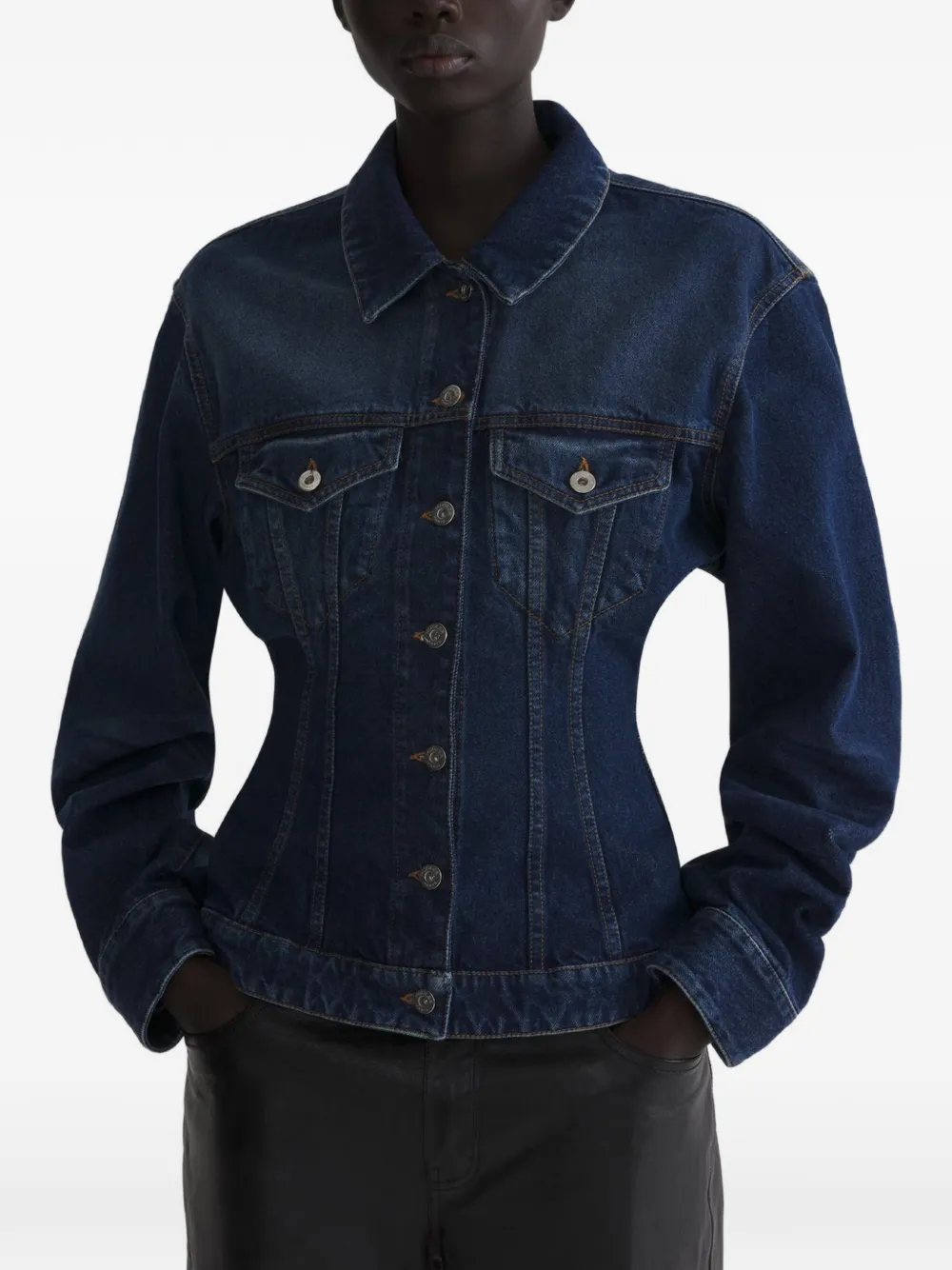 Mugler Hourglass Round Denim Jacket In Blue
