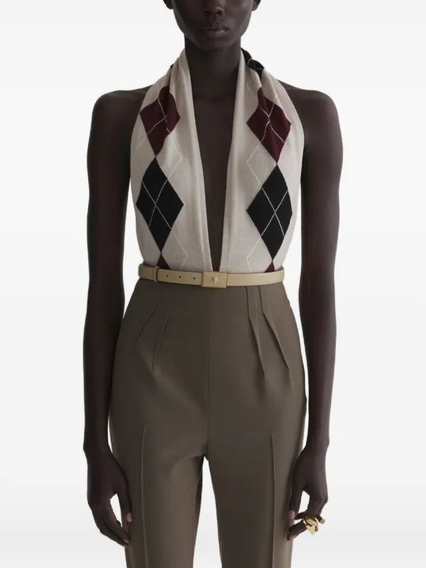 Mugler Cashmere Argyle Bodysuit in Neutrals