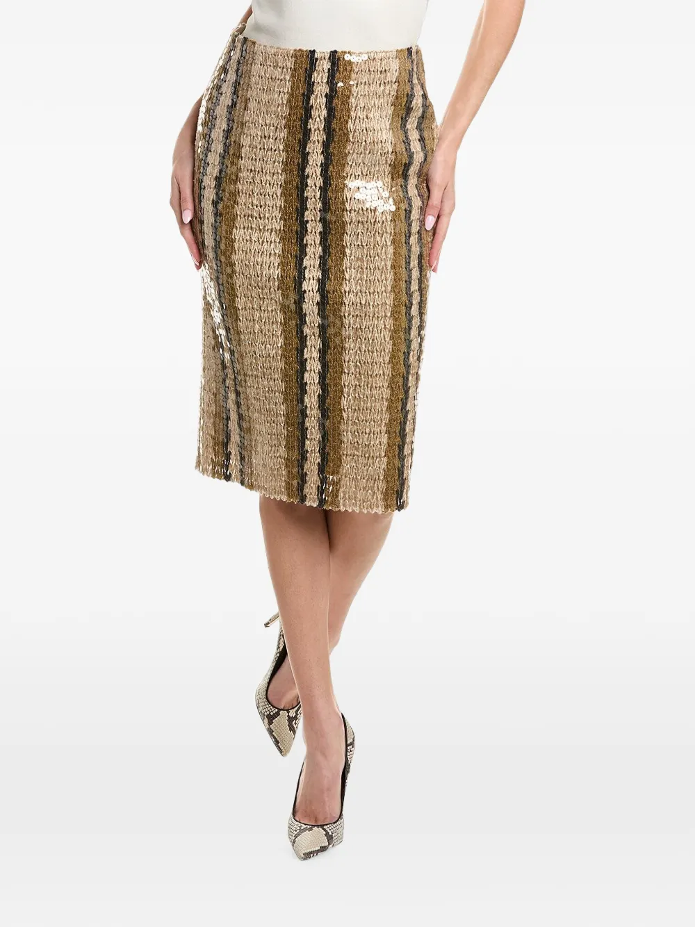 Brunello Cucinelli striped sequin-embellished midi skirt - Nude
