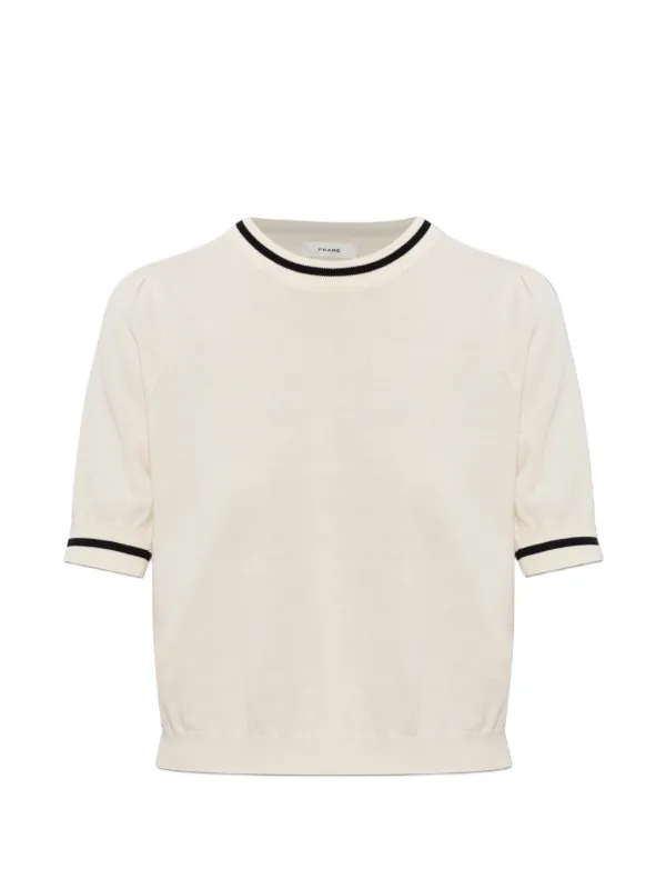 Frame Contrast-trim Puff-sleeve Sweater in White