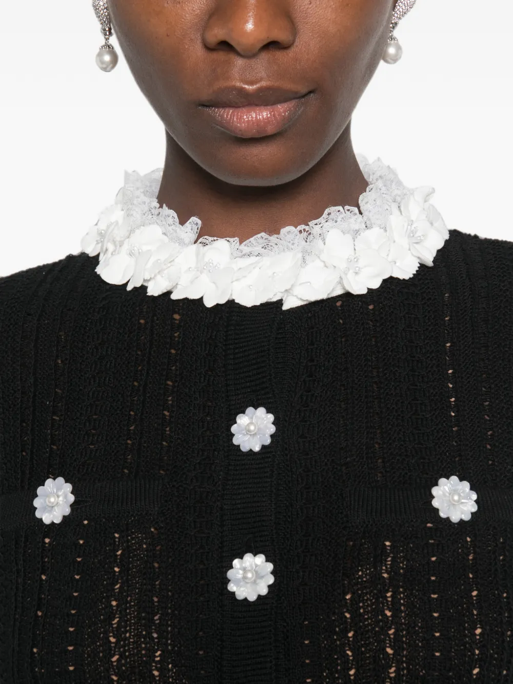 Self-Portrait Gebreide mini-jurk met bloemenafwerking Zwart