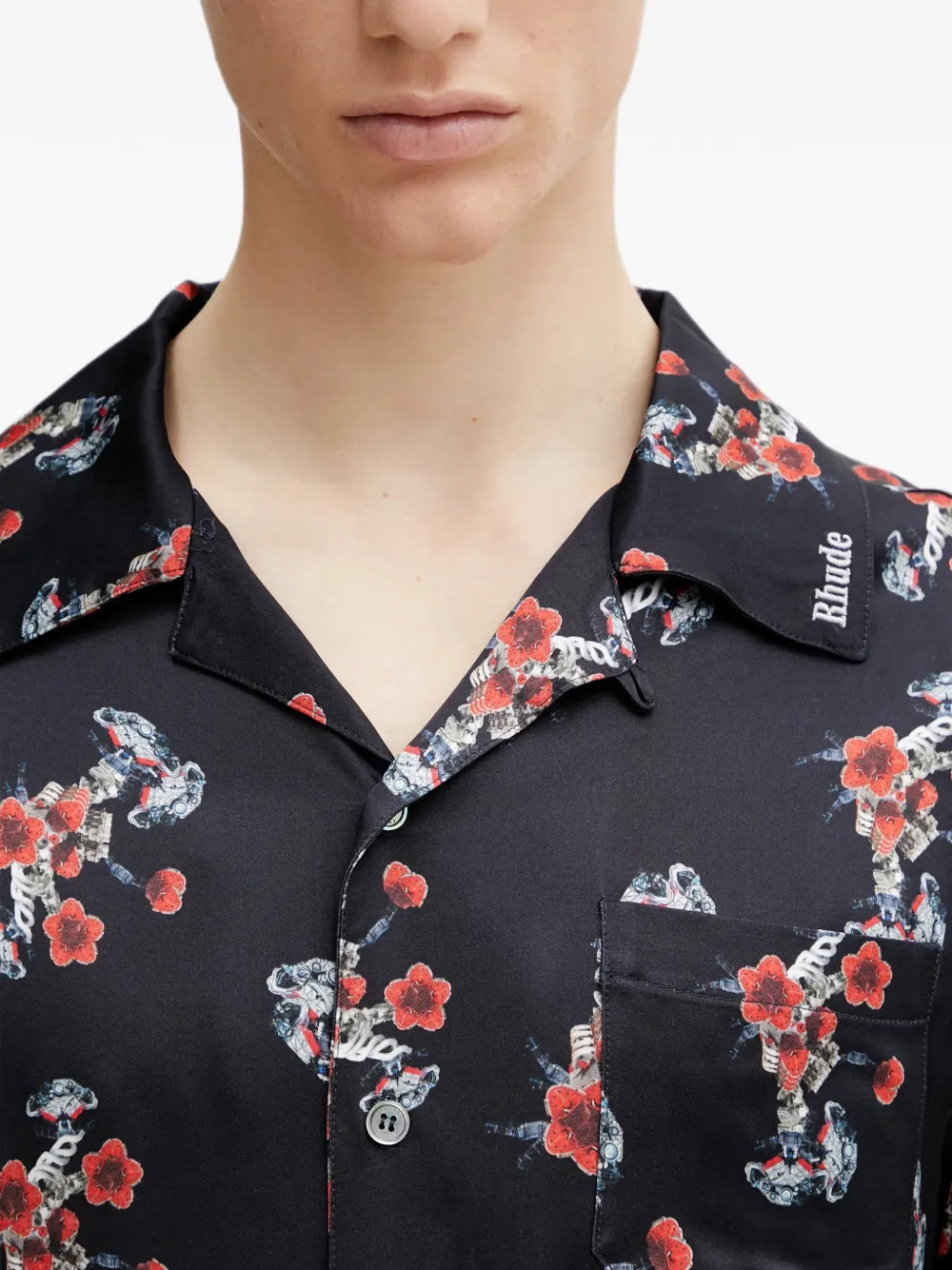 RHUDE Zijden overhemd met bloemenprint Zwart