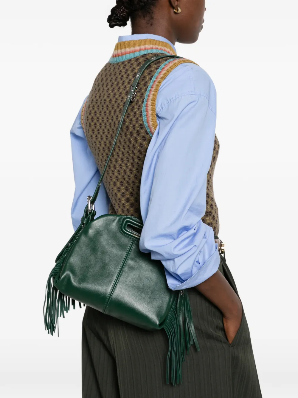 Maje mini Miss M fringe-trimmed leather tote bag Groen