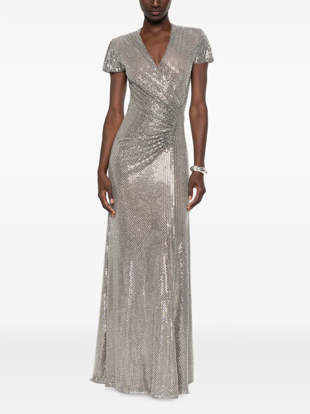 Self-Portrait Mesh maxi-jurk met wikkel-effect en stras Grijs