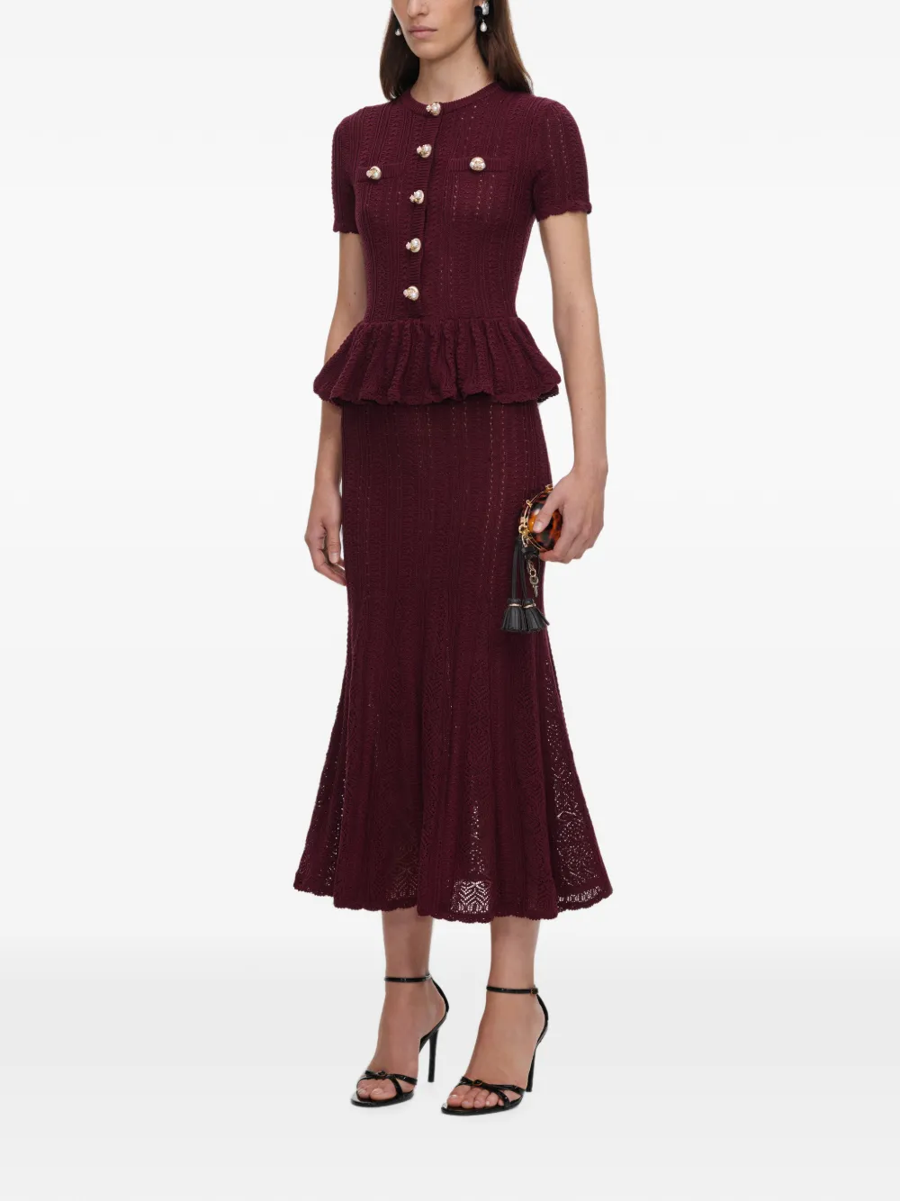 Self-Portrait Pointelle peplum gebreide bordeauxrode midi-jurk Rood