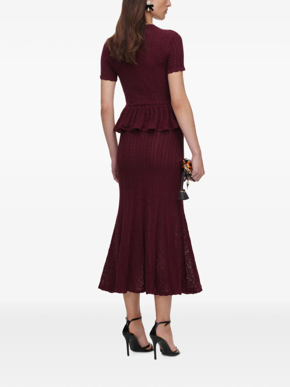 Self-Portrait Pointelle peplum gebreide bordeauxrode midi-jurk Rood