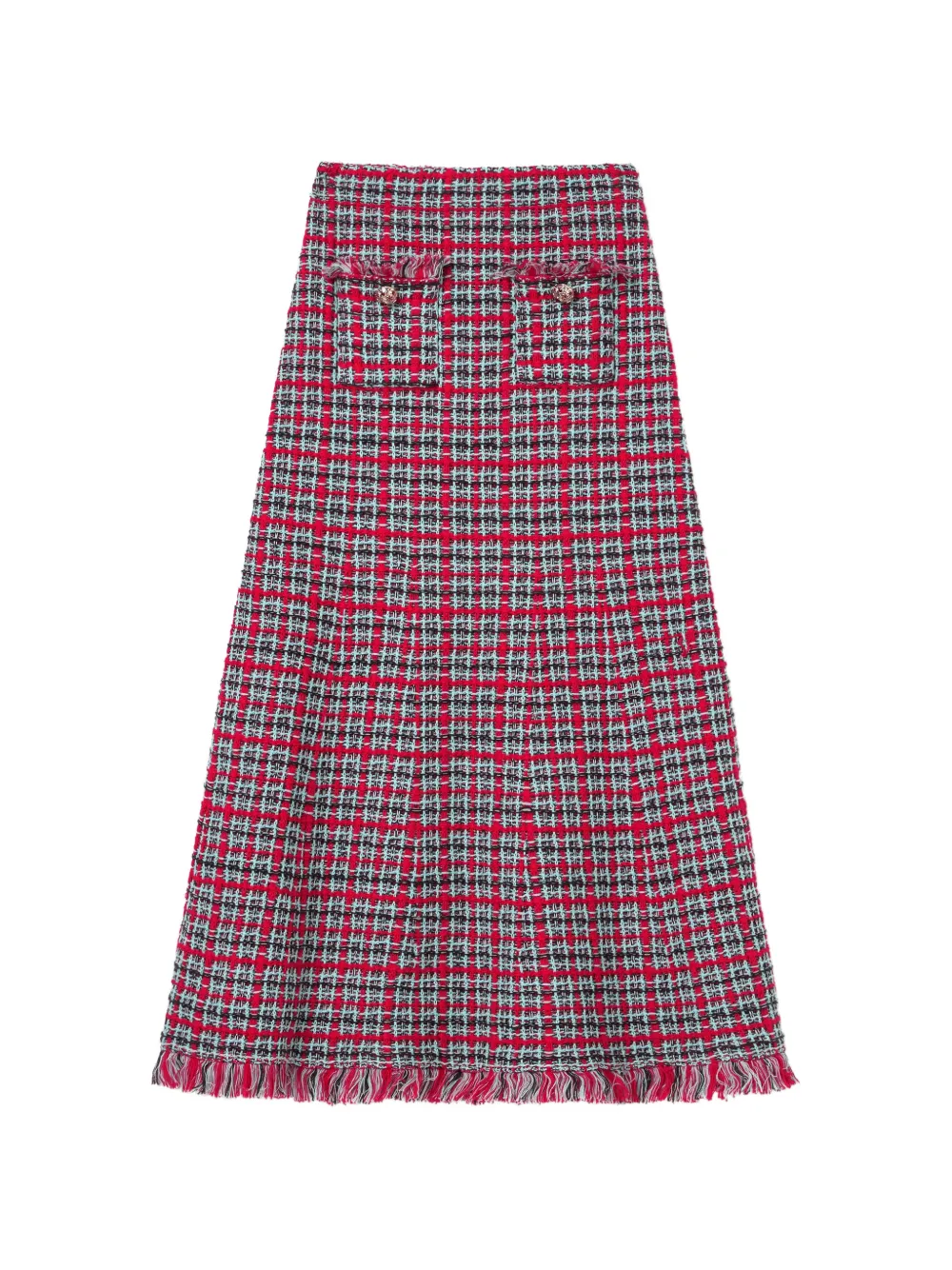 Self-Portrait red check frayed knit midi skirt - Rot