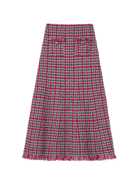Self-Portrait red check frayed knit midi skirt