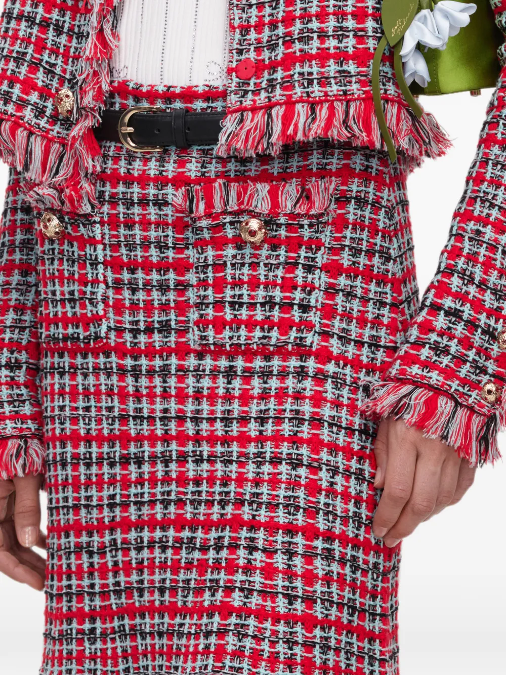 Self-Portrait Geruite gebreide midi-rok met franje Rood