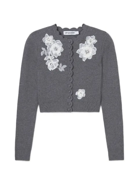 Self-Portrait grey lace-flower knit cardigan
