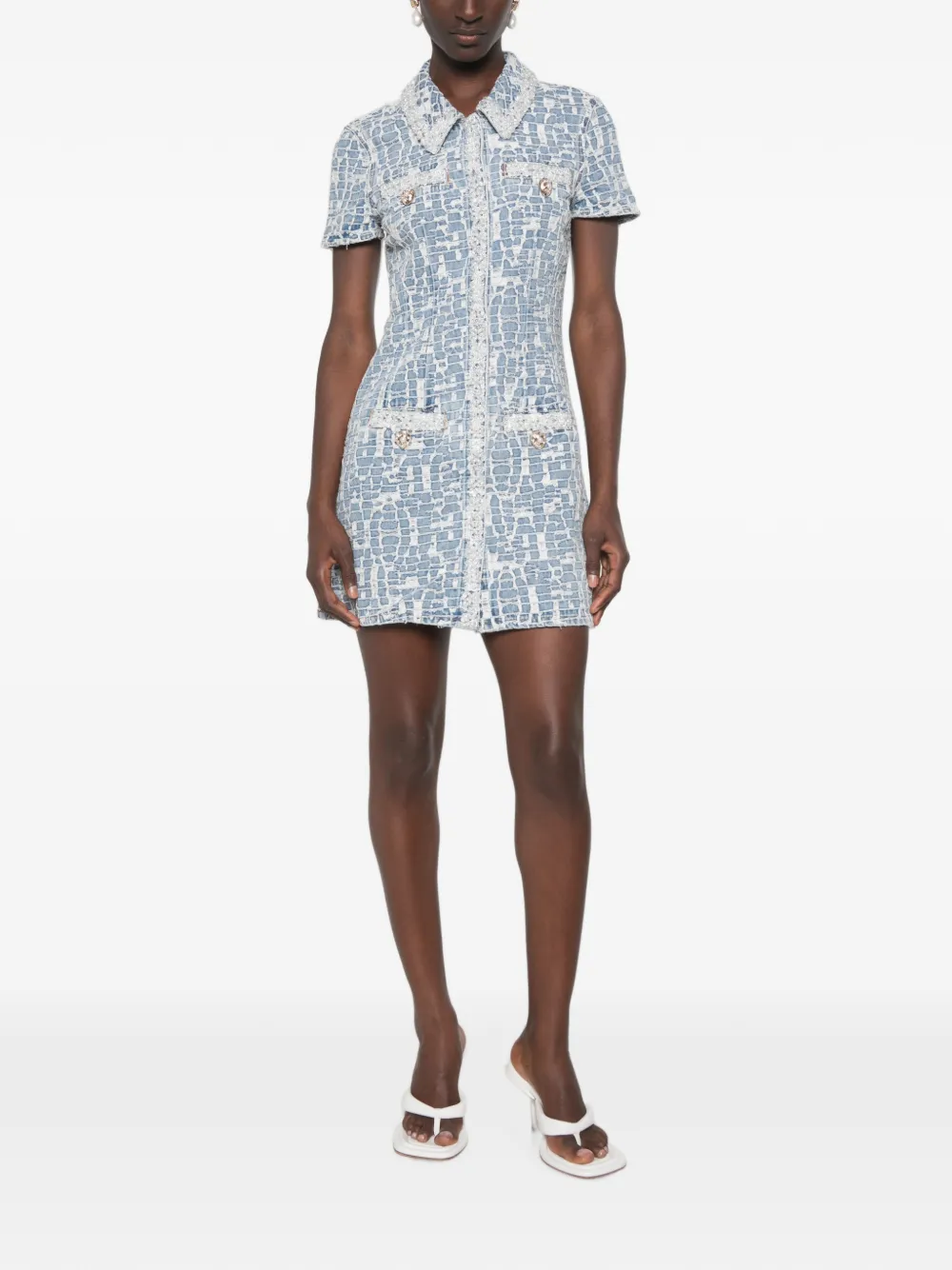 Self-Portrait Jurk met kraag en verfraaid met pailletten Blauw