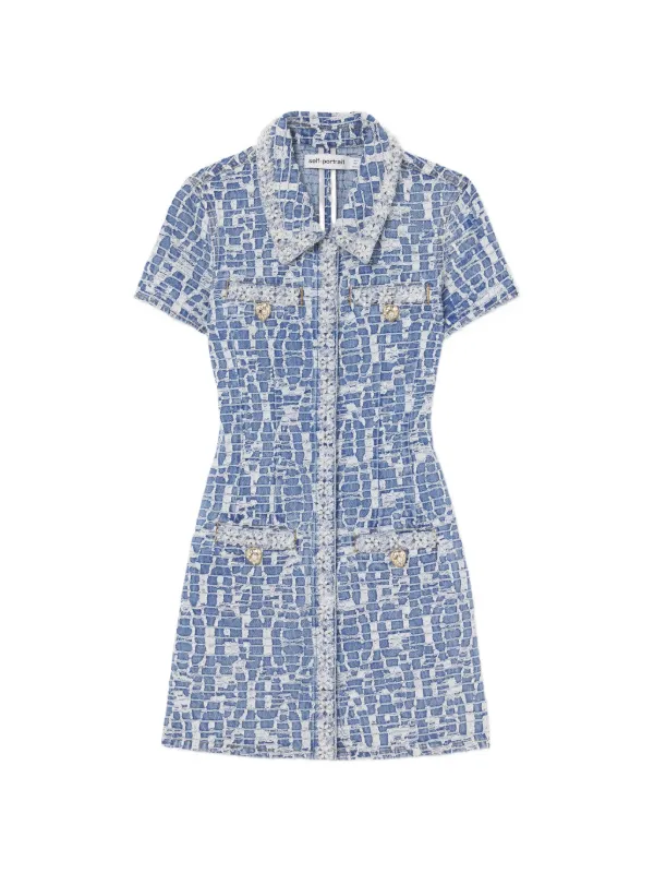 Self-Portrait Blue Collared Textured Denim Mini Dress | Blue