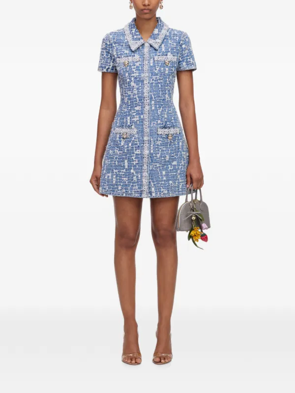 self.portrait denim.dress Blue Collared Textured Denim Mini Dress JETSETTER Size:M (8-10) Lucie Black Petal-Layered Strapless Blue denim mini and practical side pockets