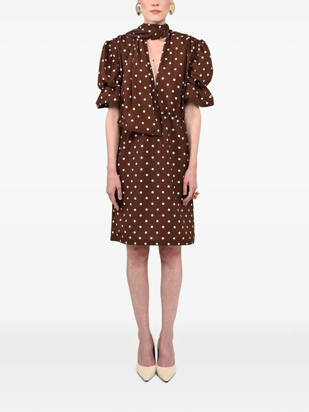 Rowen Rose polka-dot puffed-sleeve dress - Marrone