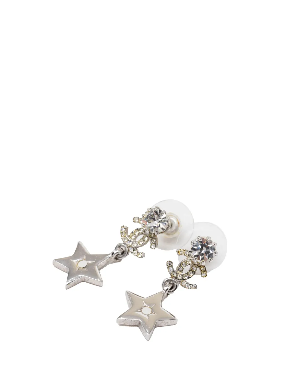 CHANEL Pre-Owned Orecchini in ottone con pendente CC a stella, strass e chiusura a pressione 2006 - Argento