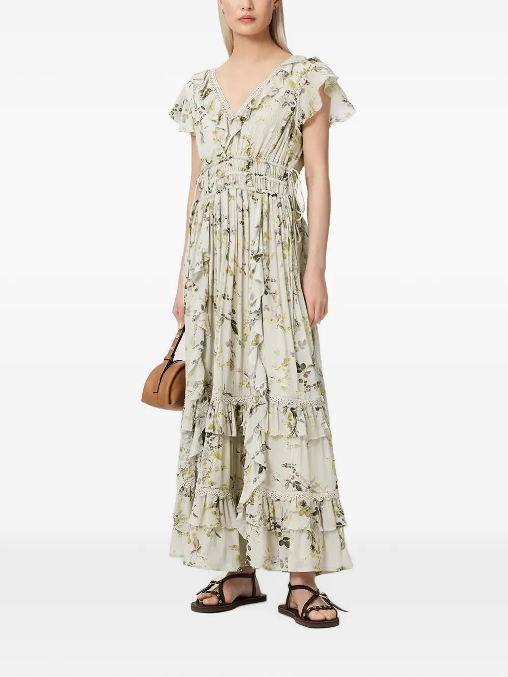 AllSaints Canto maxi-jurk met bloemenprint en ruches Groen
