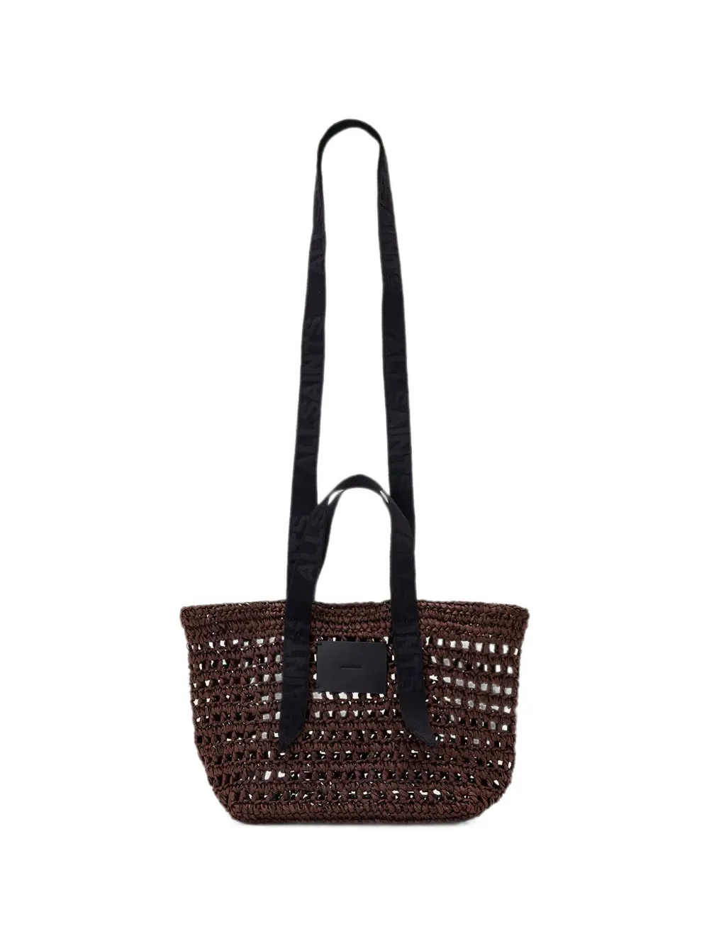 AllSaints logo-strap crochet woven mini tote bag - Marrone