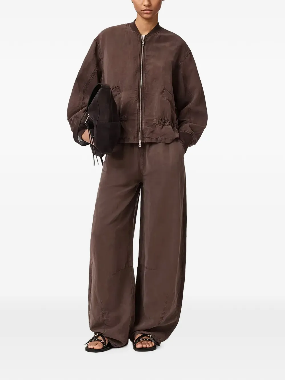 AllSaints Jett broek met elastische tailleband en wijde pijpen Bruin