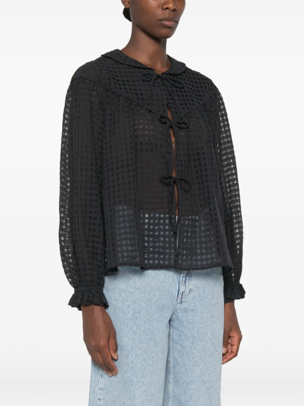 Stine Goya Blouse met striksluiting en gingham-ruit Zwart
