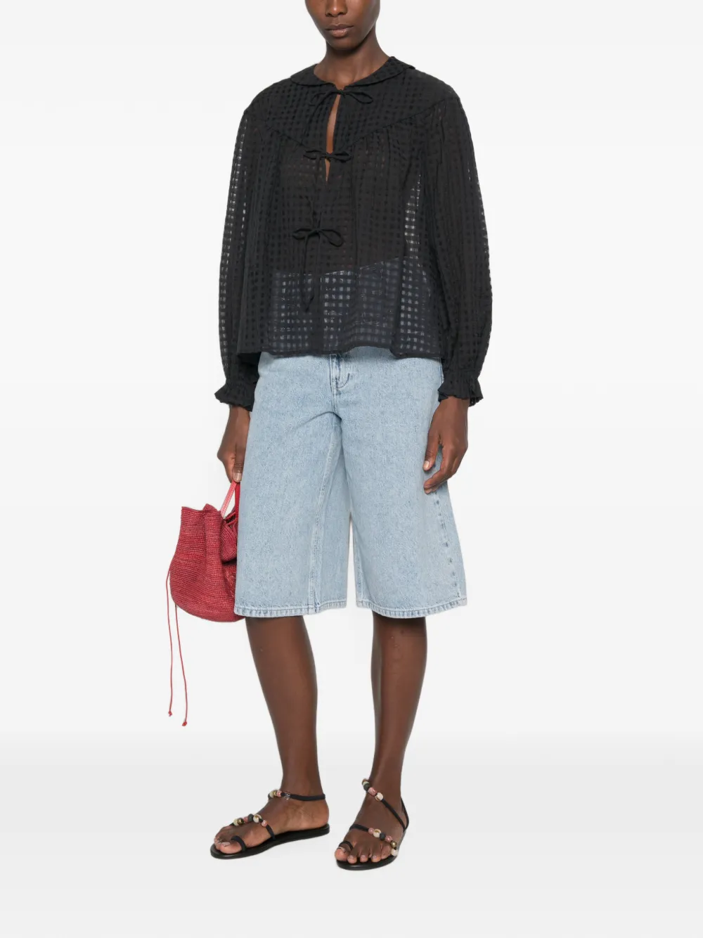 Stine Goya Blouse met striksluiting en gingham-ruit Zwart