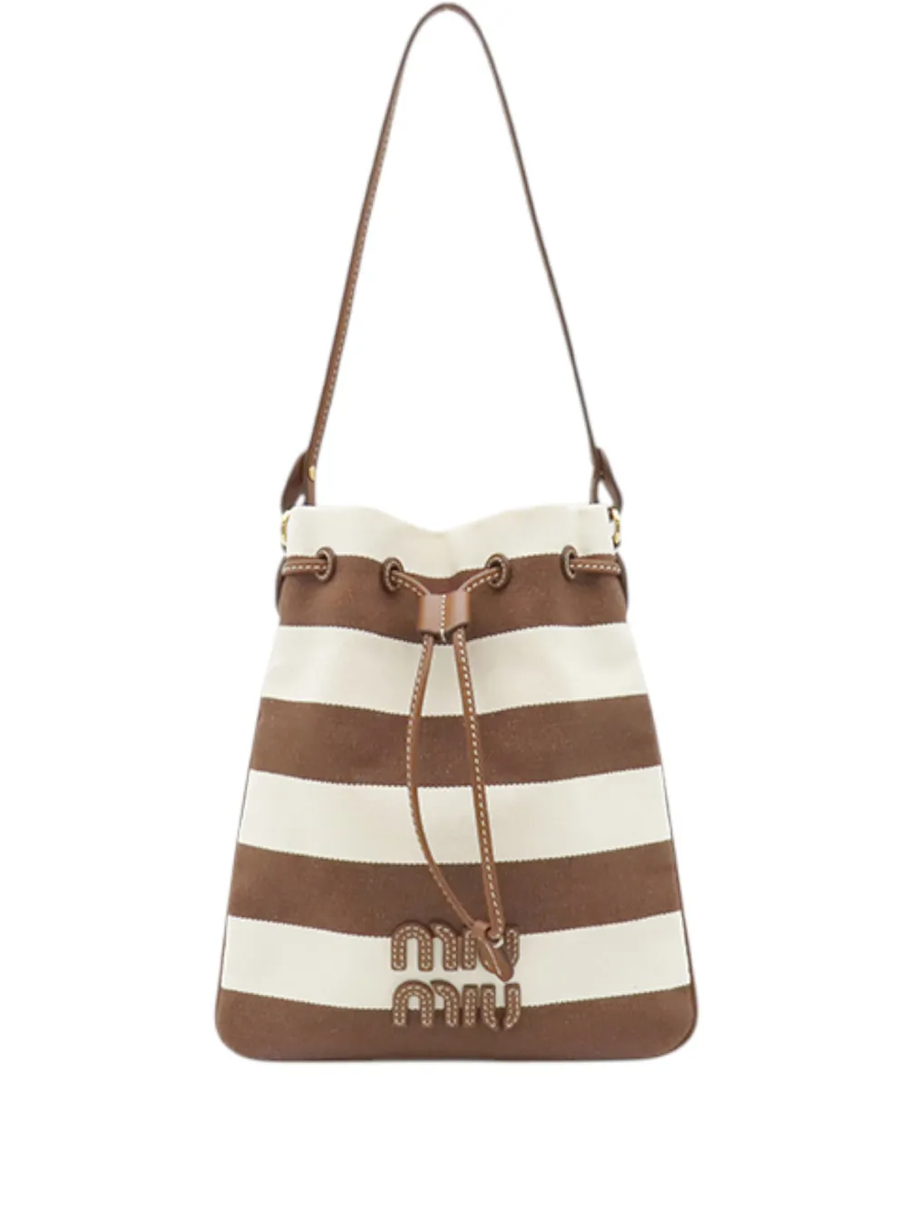 Miu Miu Pre-Owned Borsa a mano in tela a righe con coulisse e logo 2010-2026 - Marrone
