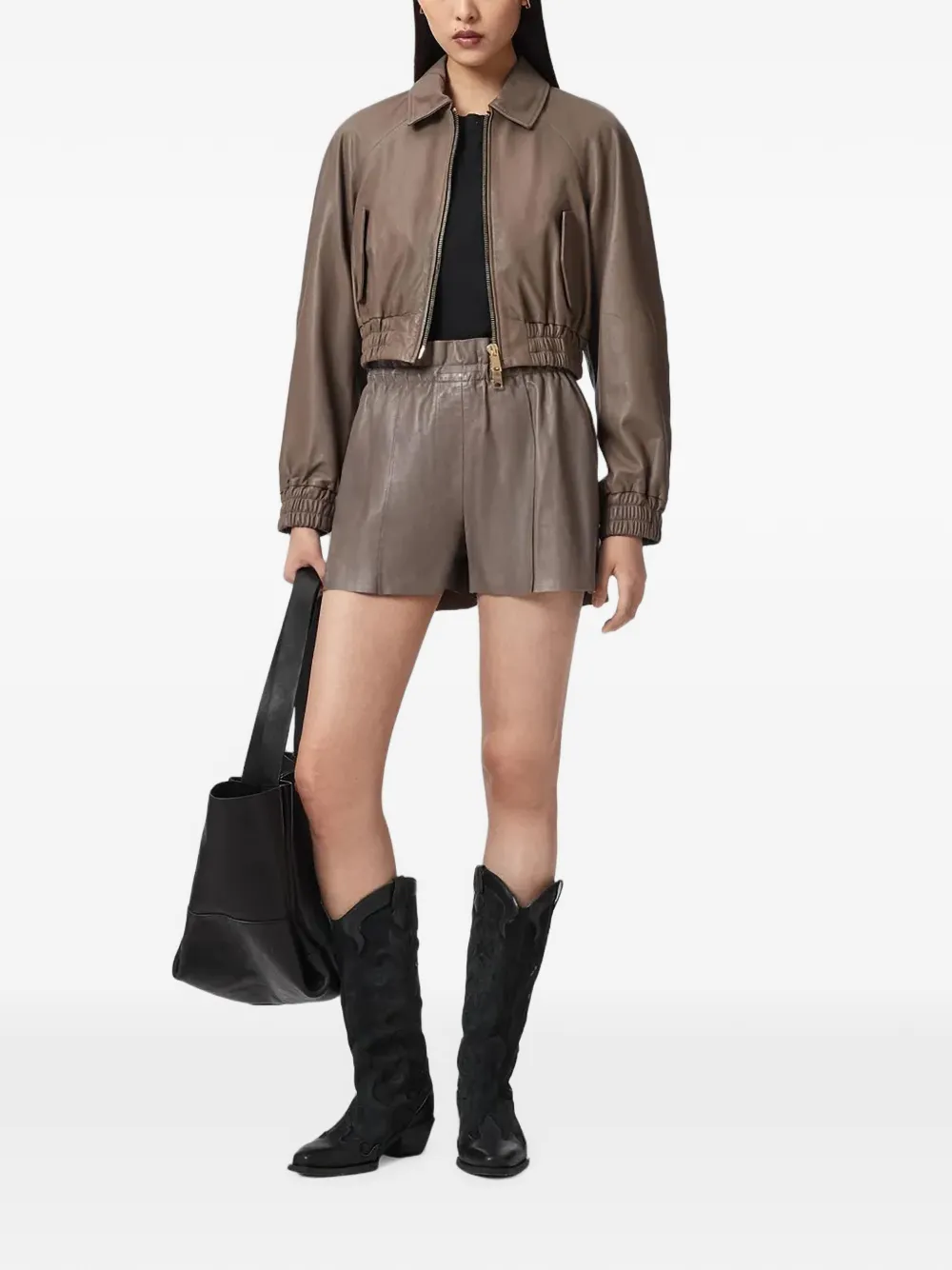 AllSaints Fran leren shorts met paperbag taille Bruin