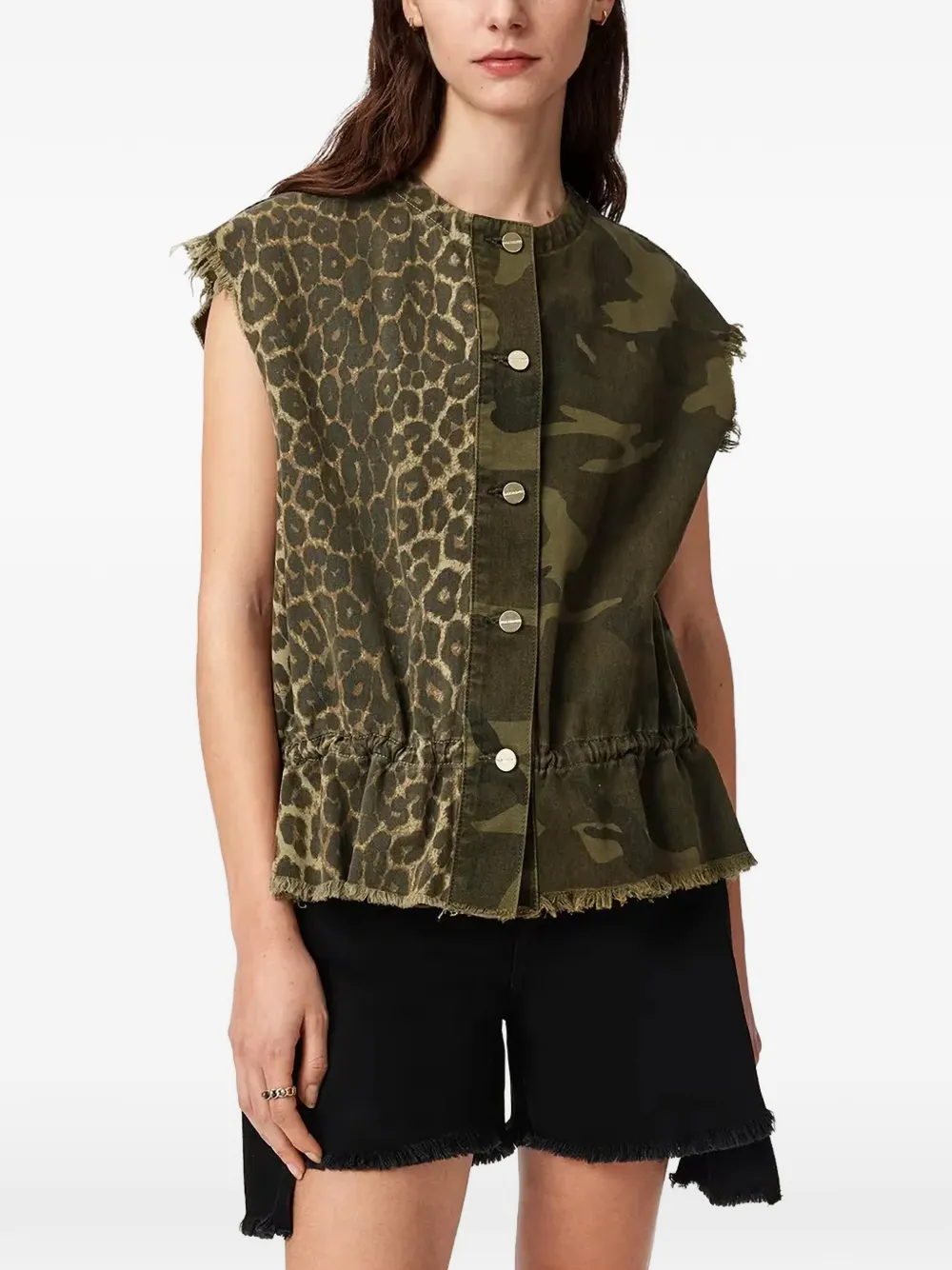 Allsaints Sofi Leopard-print Camouflage Waistcoat In Green