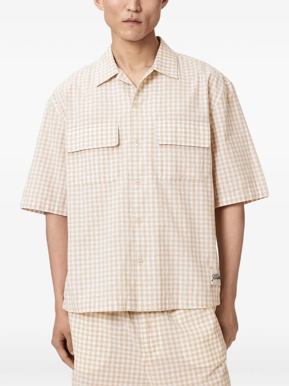 AllSaints Rockland overhemd met gingham-ruit en korte mouwen Beige