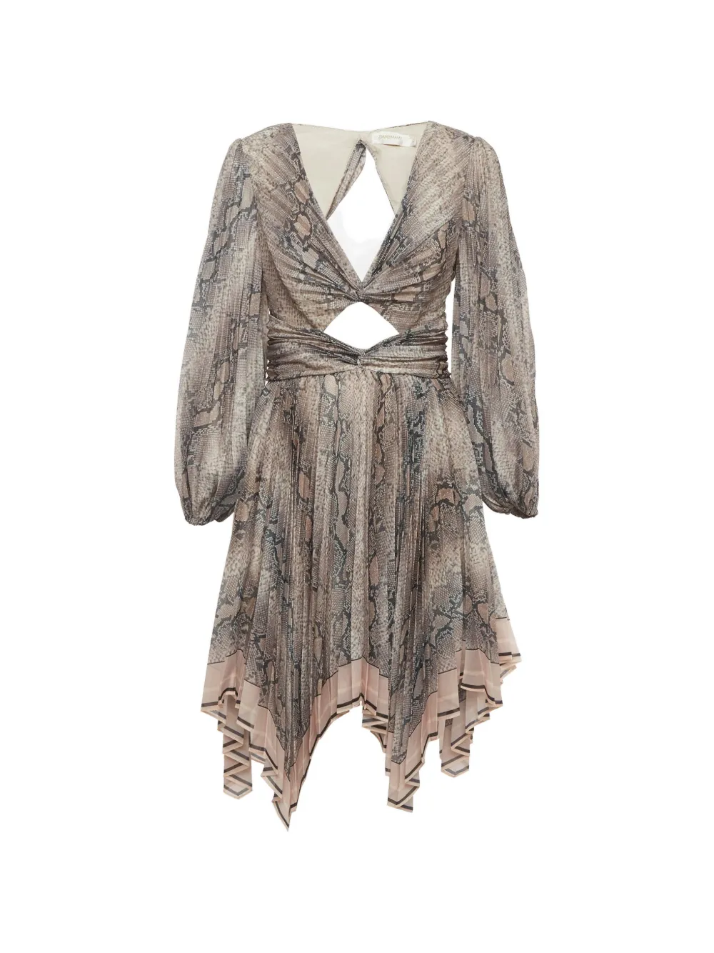 Pre-owned Zimmermann Python-print Pleat Cut-out Dress In Brown