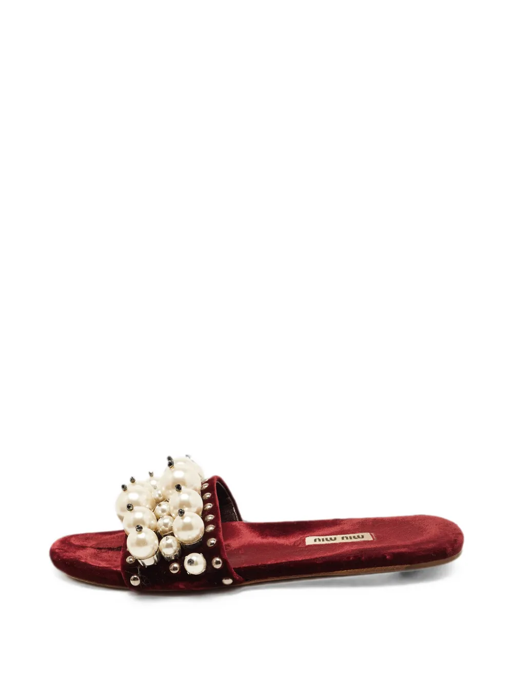 Miu Miu Pre-Owned pearl-embellished velvet slide sandals - Rot