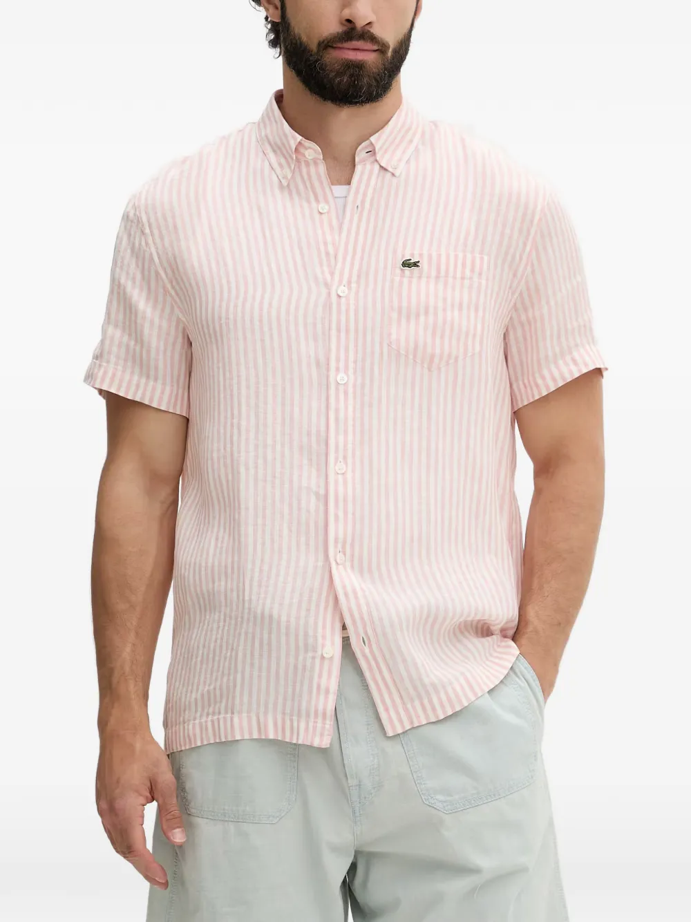 Lacoste striped short-sleeve linen shirt - Rosa