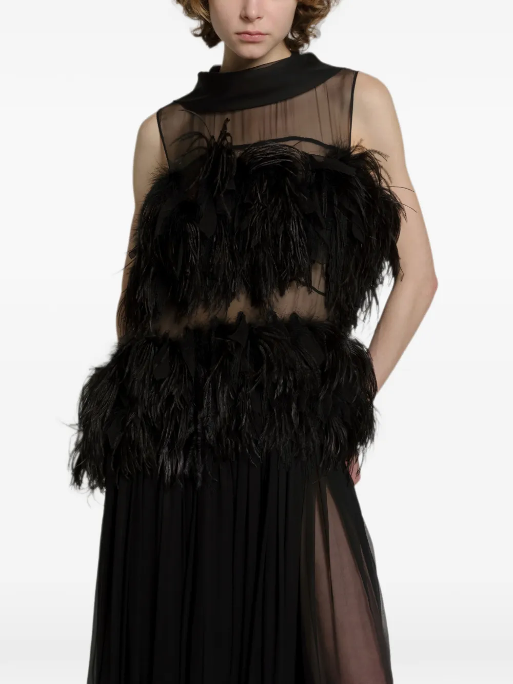 Alberta Ferretti Zijden maxi-jurk verfraaid met veren Zwart