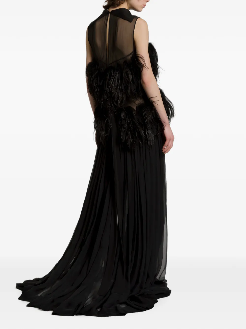 Alberta Ferretti Zijden maxi-jurk verfraaid met veren Zwart