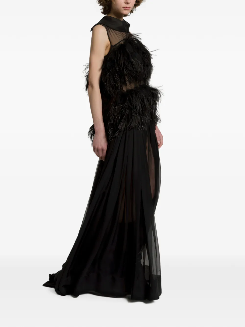 Alberta Ferretti Zijden maxi-jurk verfraaid met veren Zwart