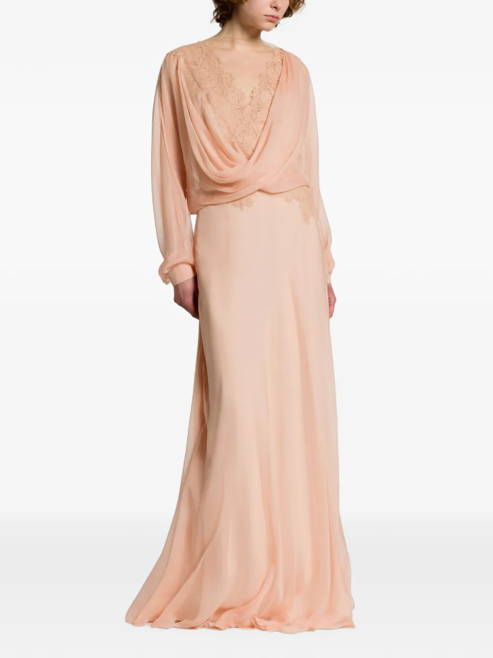 Alberta Ferretti Gedrapeerde maxi-jurk met kanten afwerking Roze