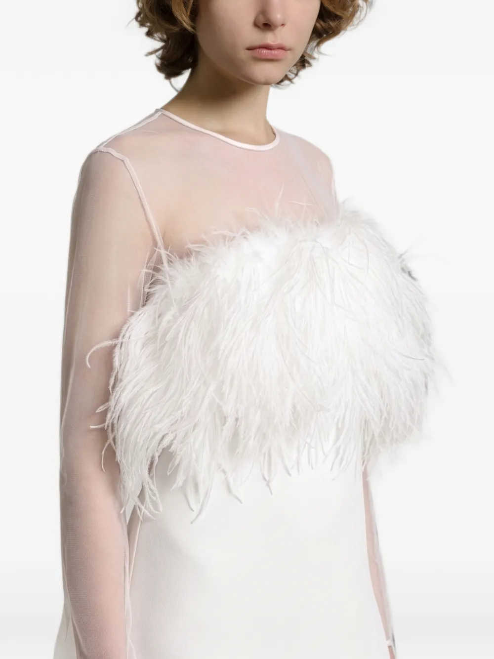 Alberta Ferretti Midi-jurk met doorzichtig vlak en veren Wit