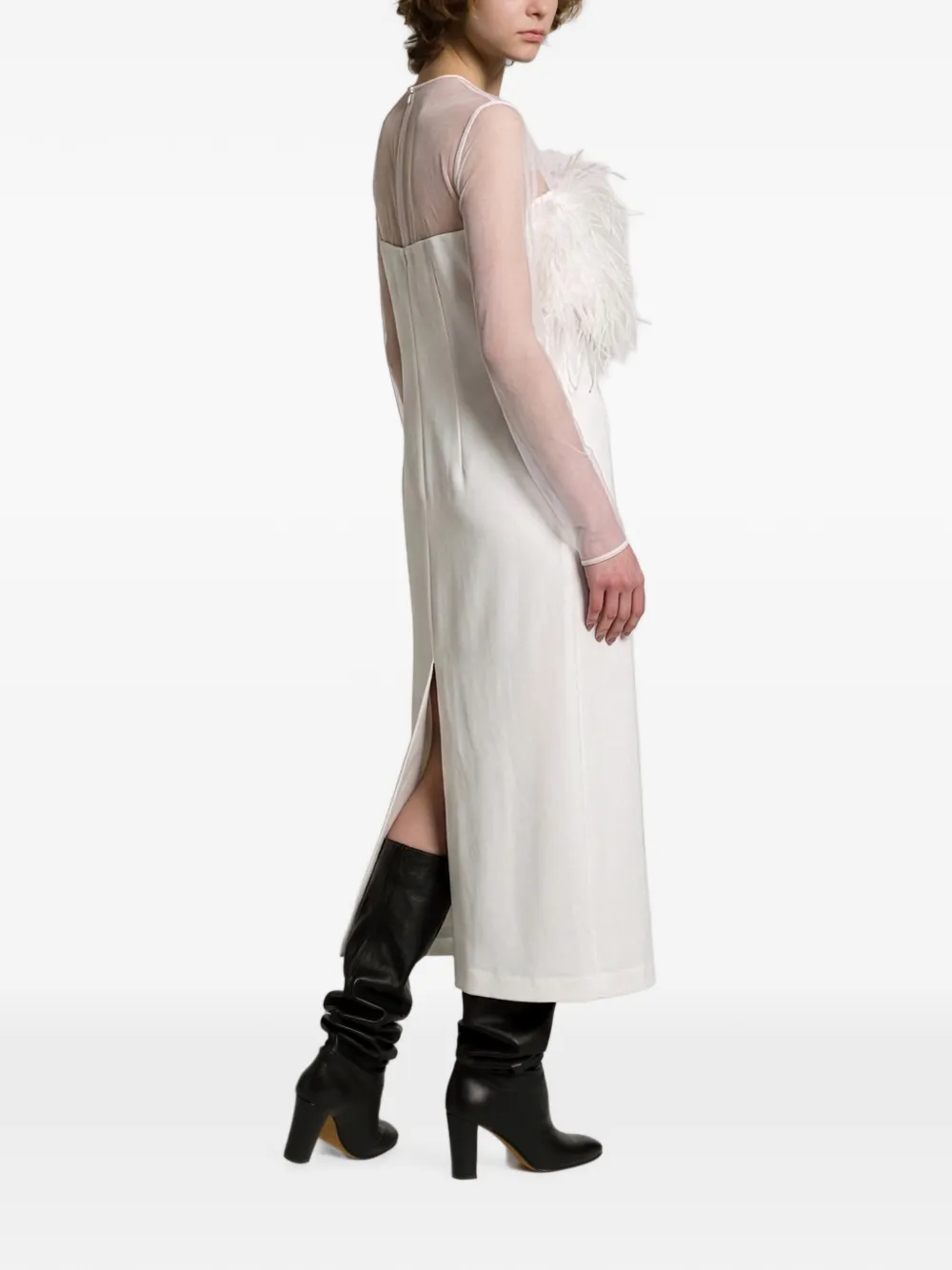 Alberta Ferretti Midi-jurk met doorzichtig vlak en veren Wit