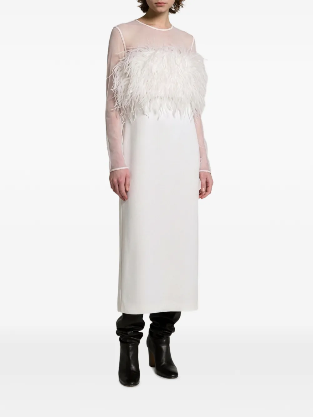 Alberta Ferretti Midi-jurk met doorzichtig vlak en veren Wit