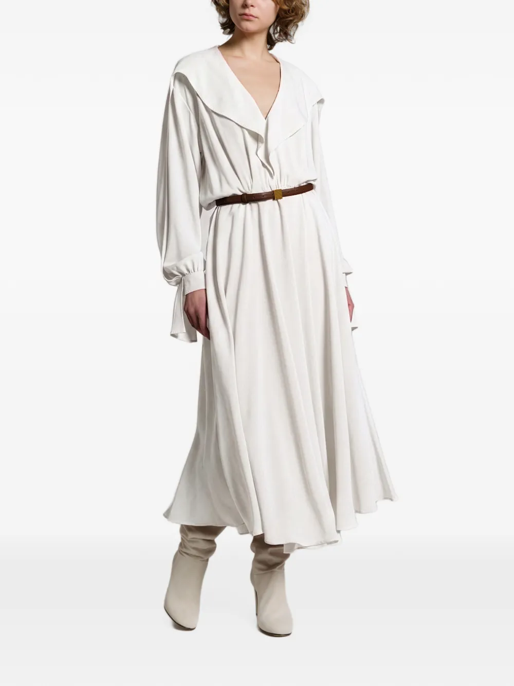 Alberta Ferretti Midi-jurk met ruches en ceintuur Wit